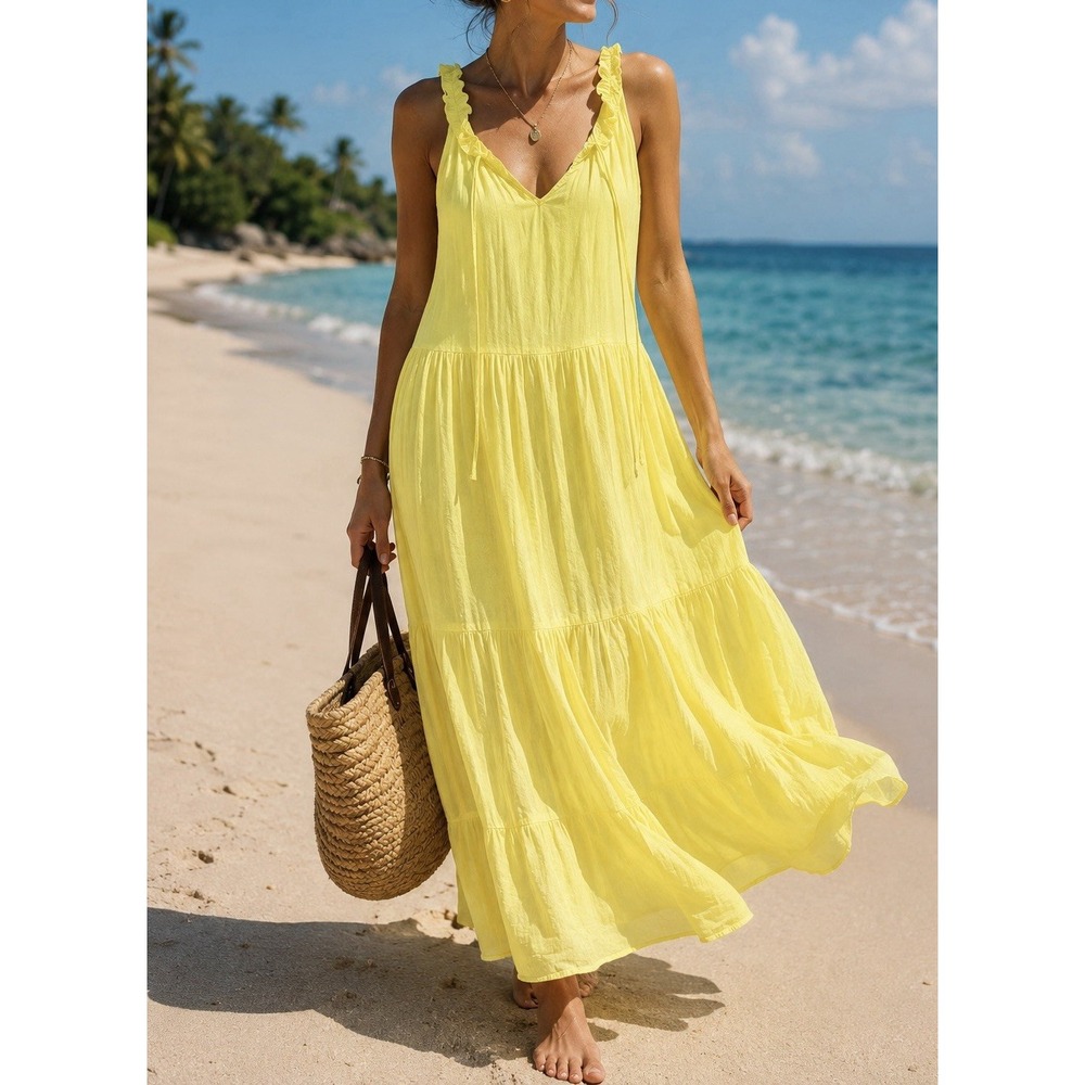 Sosia Italy Women Yellow Maxi Dress Sleeveless Ruffle Boho Summer